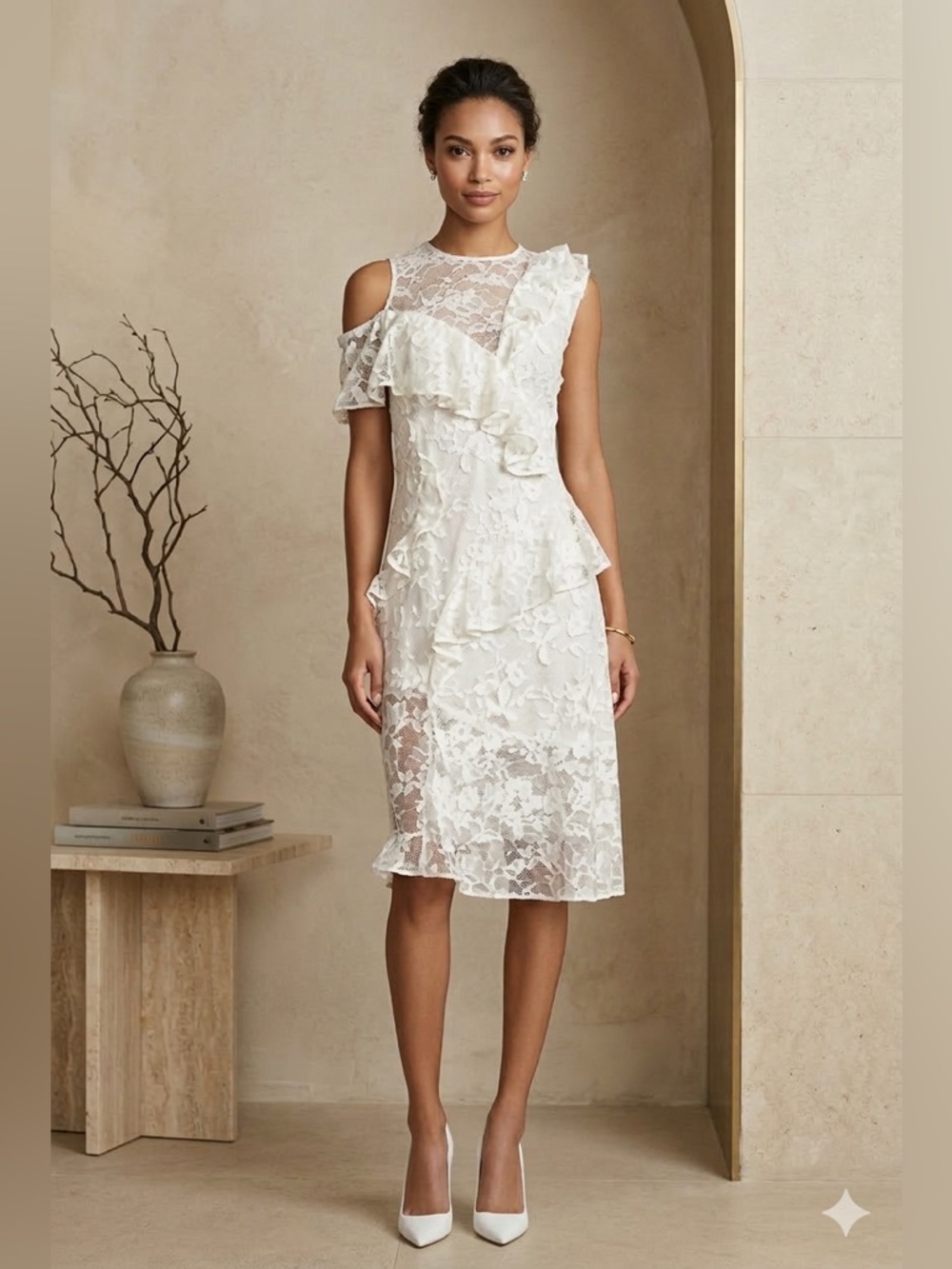 Sachin & Babi Pointe Lace Ruffle Dress Ivory 2 NWT